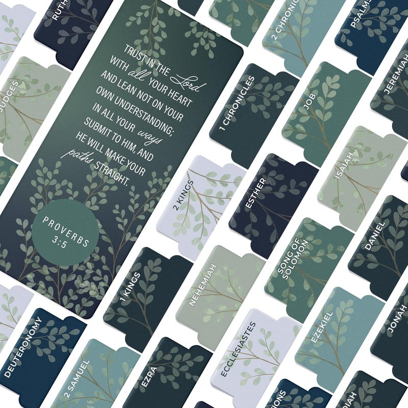 OFFILICIOUS Book Bible Tabs – 100 Soft-Touch, Laminated Bible Tabs for Holy Bible – Durable Tabs for Bible – Protestant & Catholic Bible Tabs Large Print – Green & Blue Bible Tabs for Women & Men - Image 1